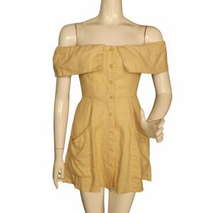 REFORMATION Mini Dress, 0, Pale Yellow, Ruffle Off-shoulder, Button front, Short